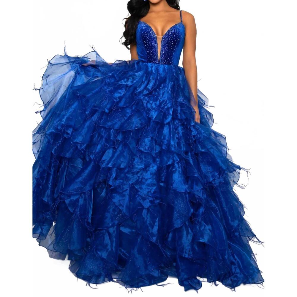 NEW AVA PRESLEY beaded bodice ruffled tulle ball gown in royal